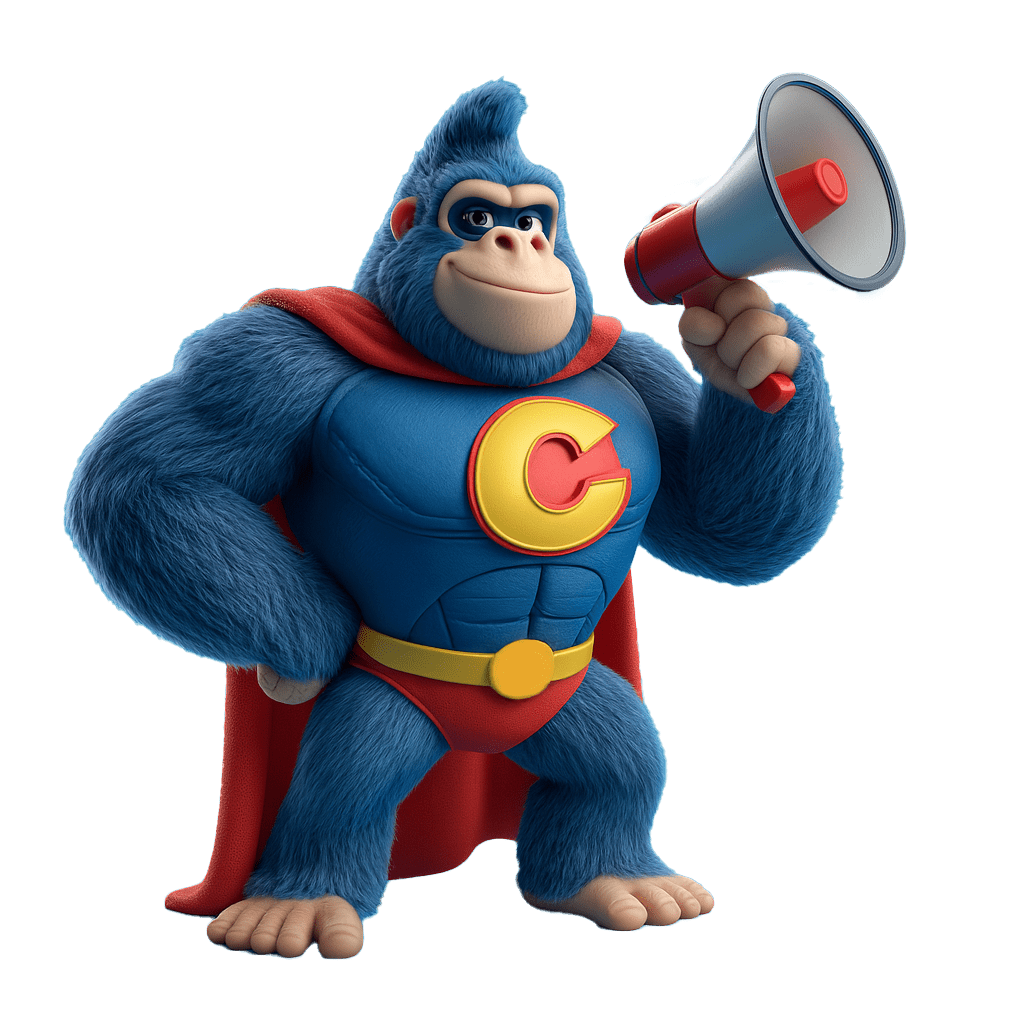 Cartoon-Gorilla als Superheld mit Megafon