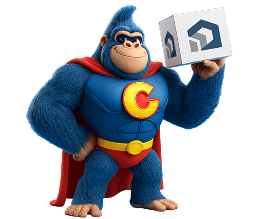 Blauer Gorilla hält Kiste mit ImmoClean24-Logo in der Hand